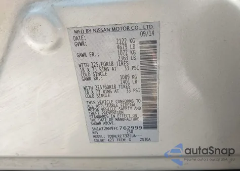 2015 Nissan Rogue Sl from USA, damaged, VIN 5N1AT2MV9FC762999